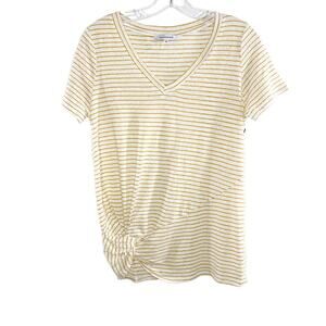 Olivaceous White Gold Stripe Twist Front Scoop Neck Linen Blend Tee Shirt Small